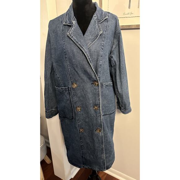 Forever 21 Denim Trench Coat Blue Jean Jacket Pockets Double Breasted Sz. Small - Picture 1 of 3